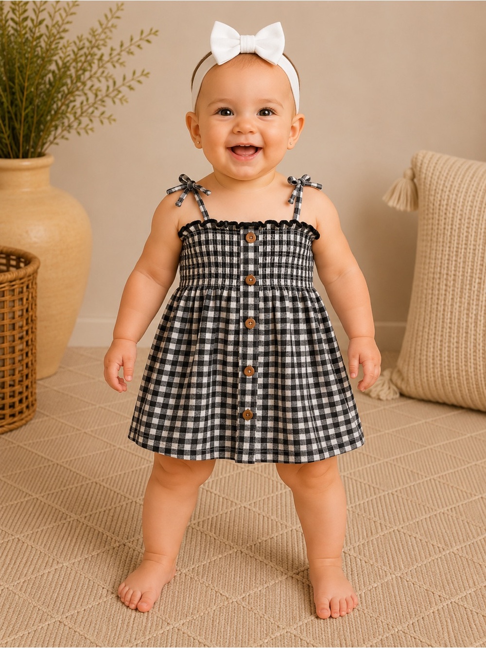 Zara Baby Black & White Gingham Smocked Dress Tie Strap | Size 9–12M
